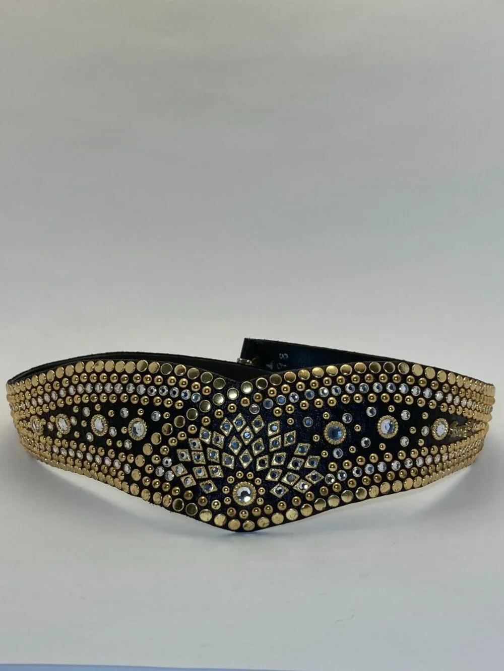 Kippys Vintage Western Belt Sz 34-37 Swarovski Crystal Black Leather Gold Studs